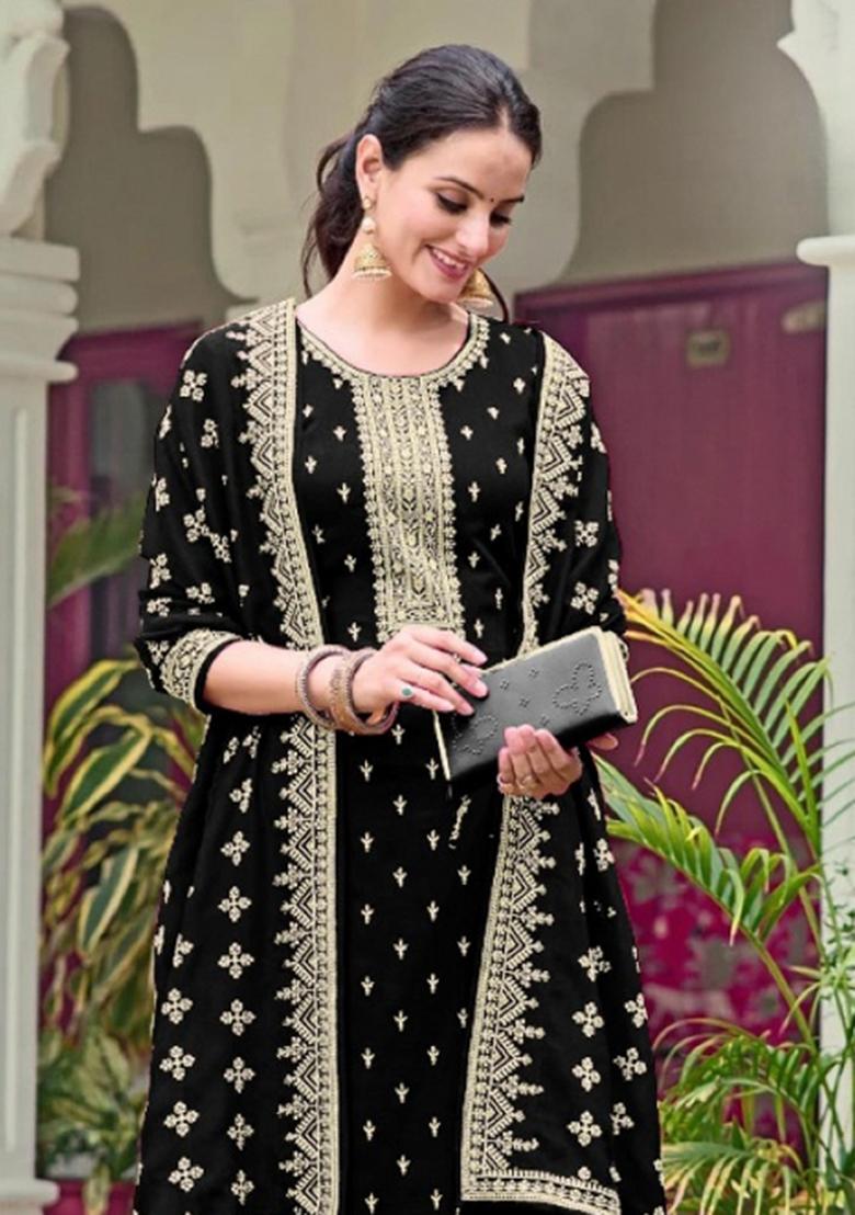 Black Embroidery Georgette Salwar Kameez - Indya