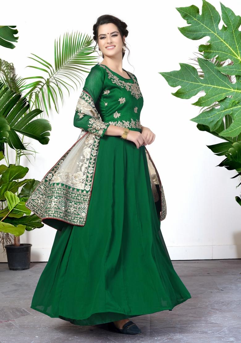 Green Embroidery Georgette Sharara Set - Indya