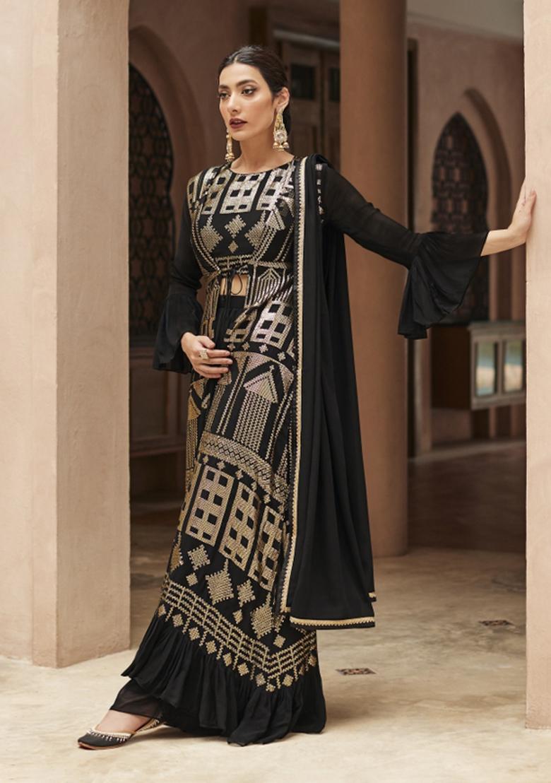 Black Embroidery Georgette Sharara Set - Indya