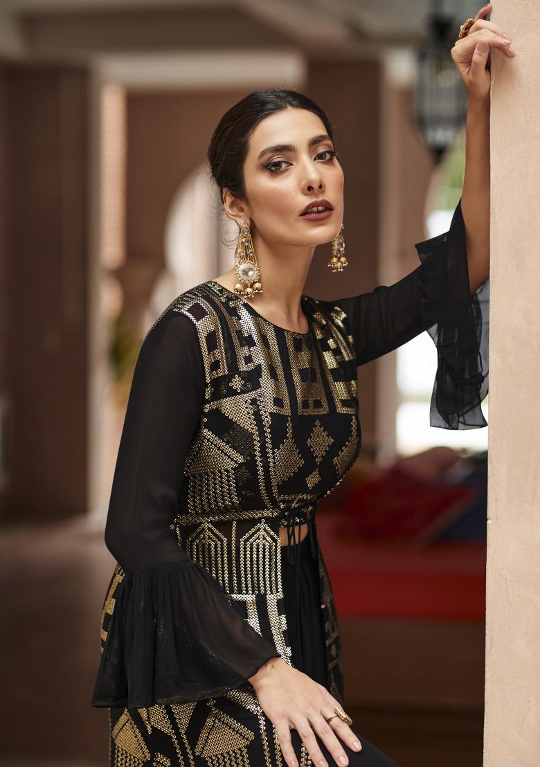Black Embroidery Georgette Sharara Set - Indya