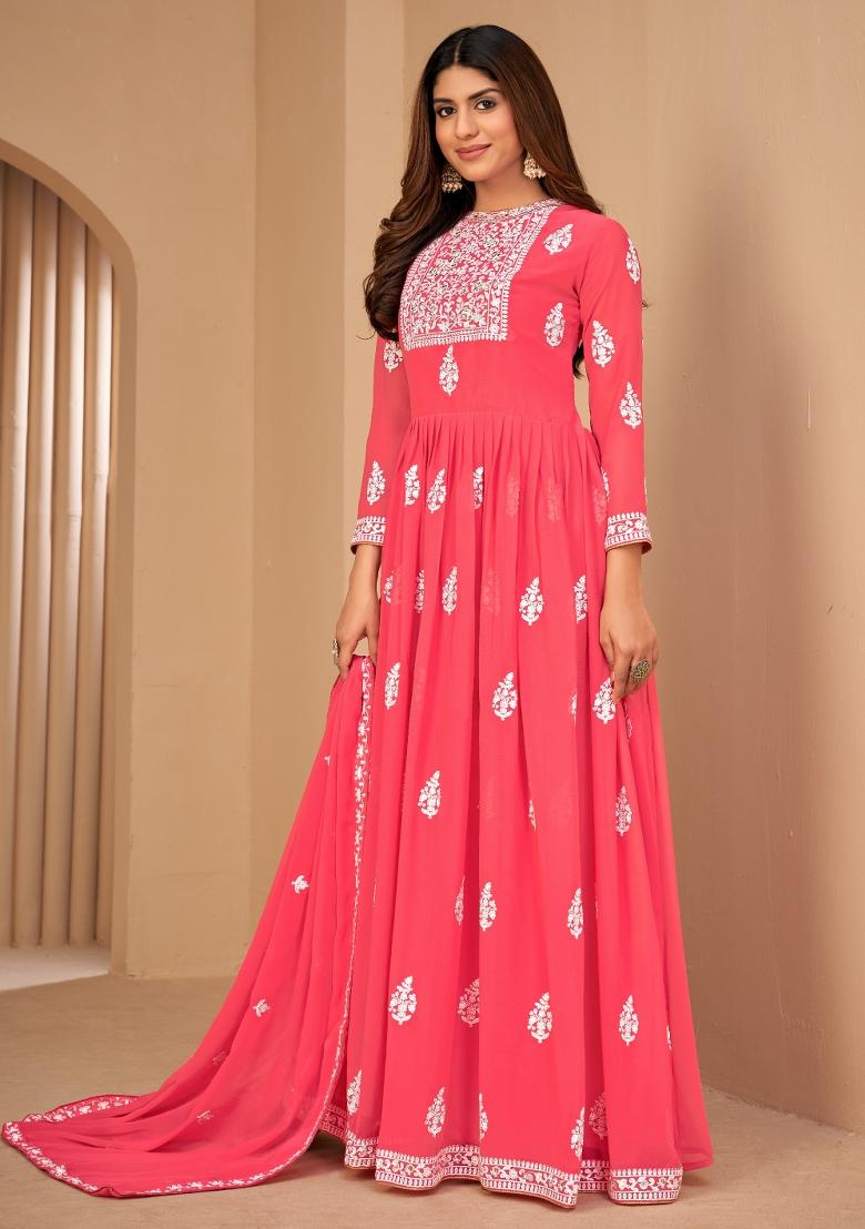 Pink Embroidery Georgette Sharara Set - Indya