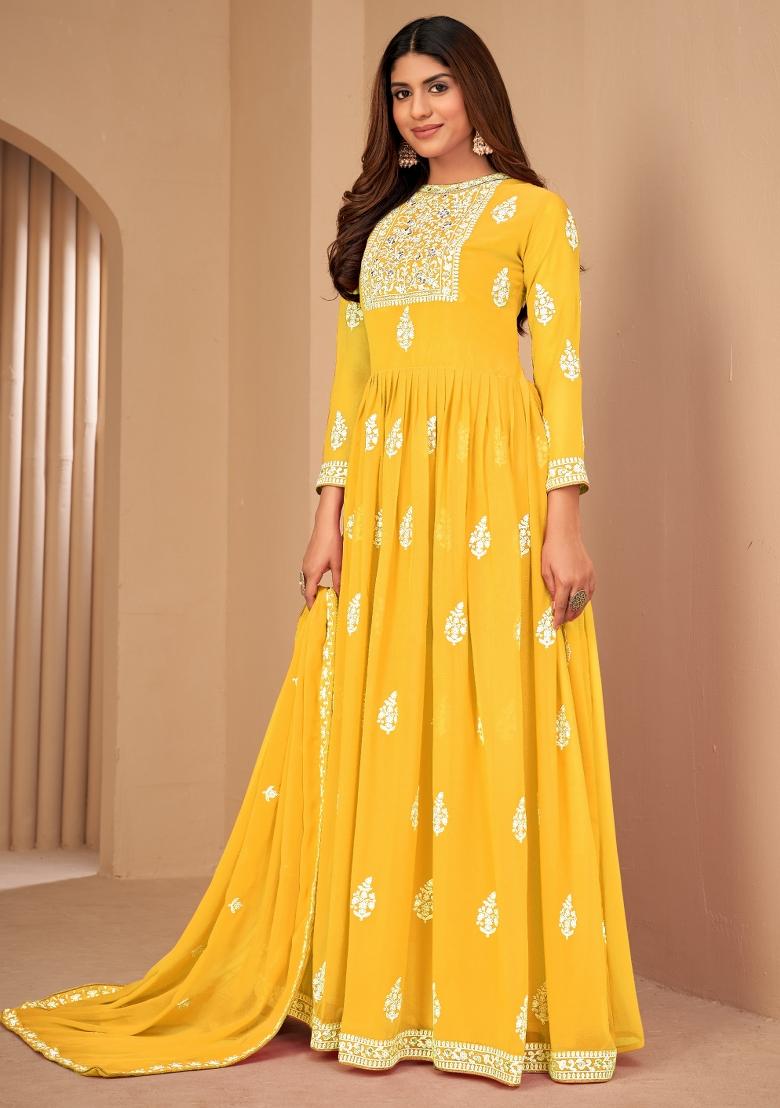 Yellow Embroidery Georgette Sharara Set - Indya