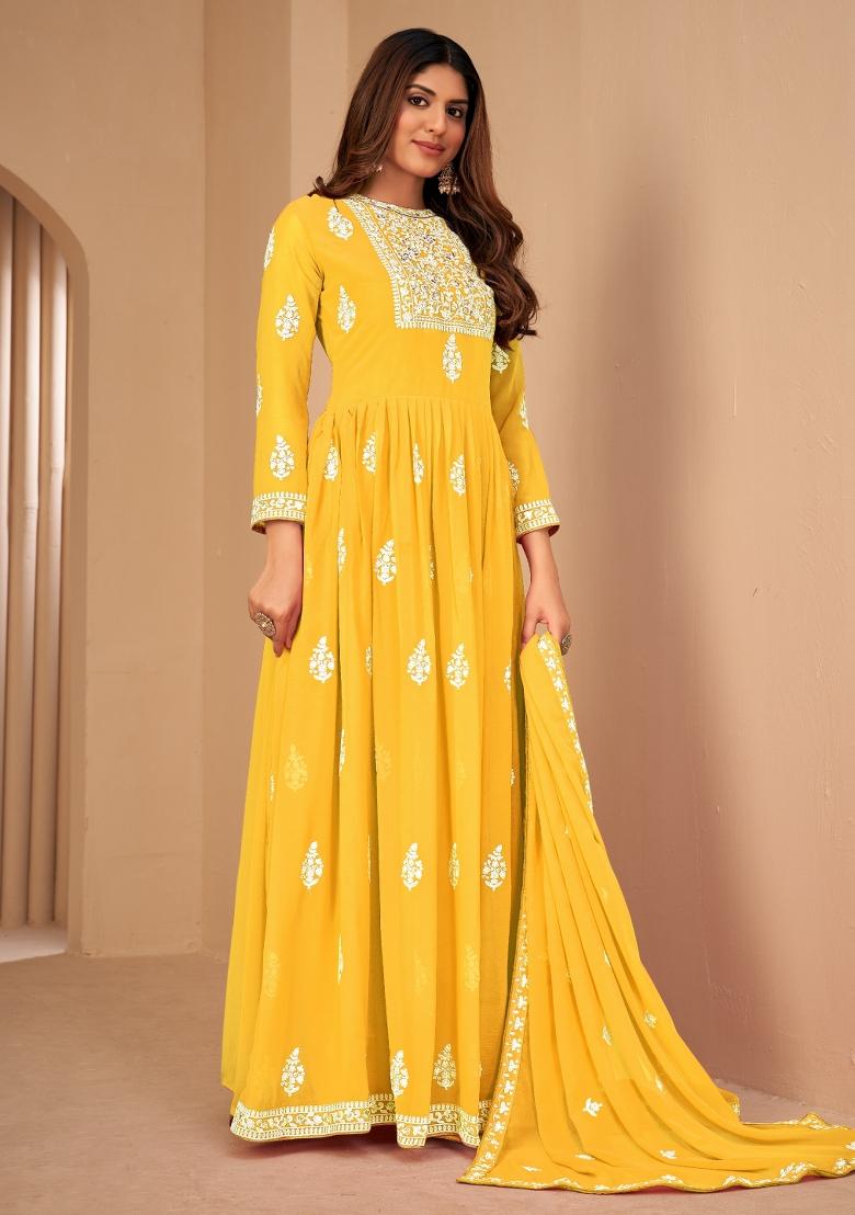 Yellow Embroidery Georgette Sharara Set - Indya