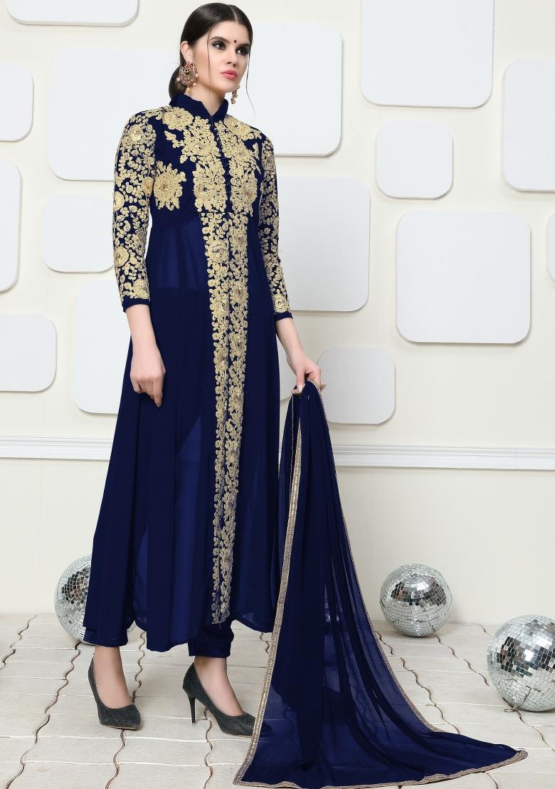 Blue Embroidery Georgette Sharara Set - Indya
