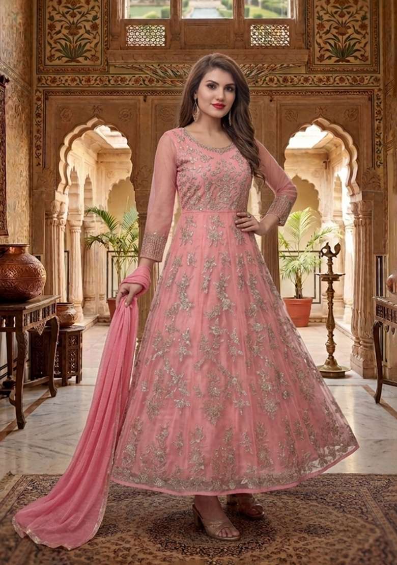 Dark Peach Embroidery Net Sharara Set - Indya