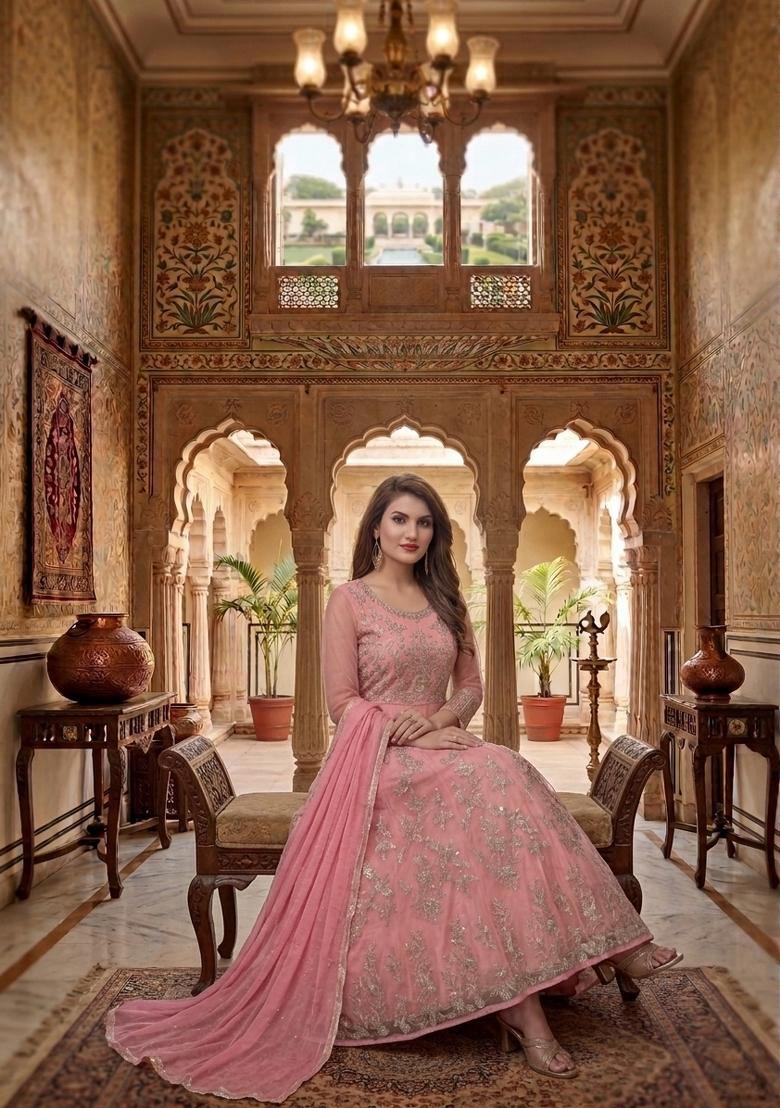 Dark Peach Embroidery Net Sharara Set - Indya
