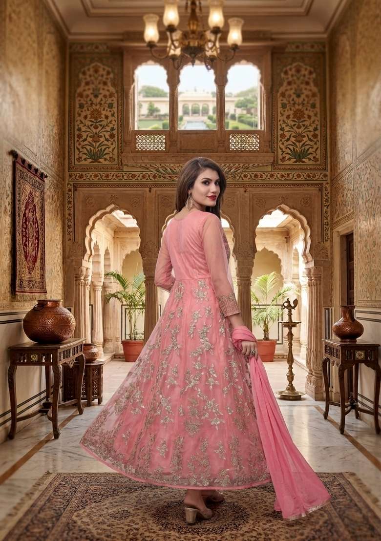 Dark Peach Embroidery Net Sharara Set - Indya
