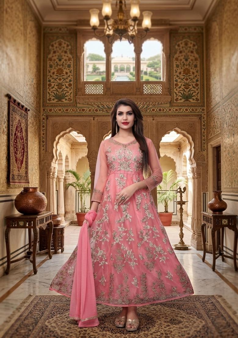Dark Peach Embroidery Net Sharara Set - Indya
