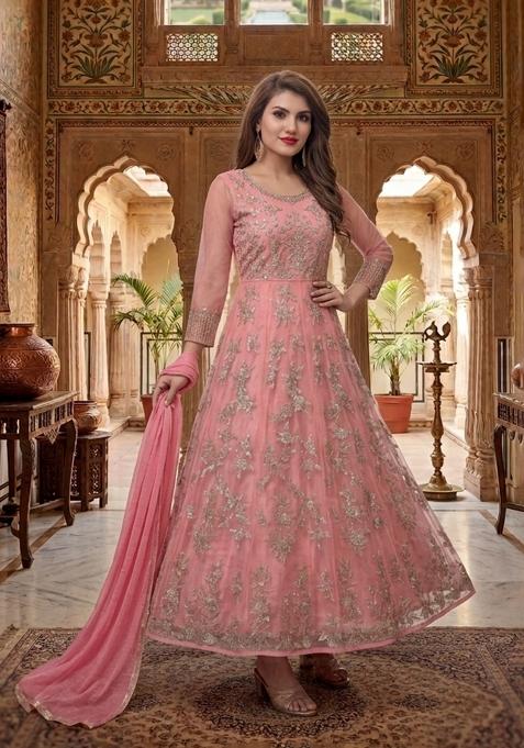Dark Peach Embroidery Net Sharara Set