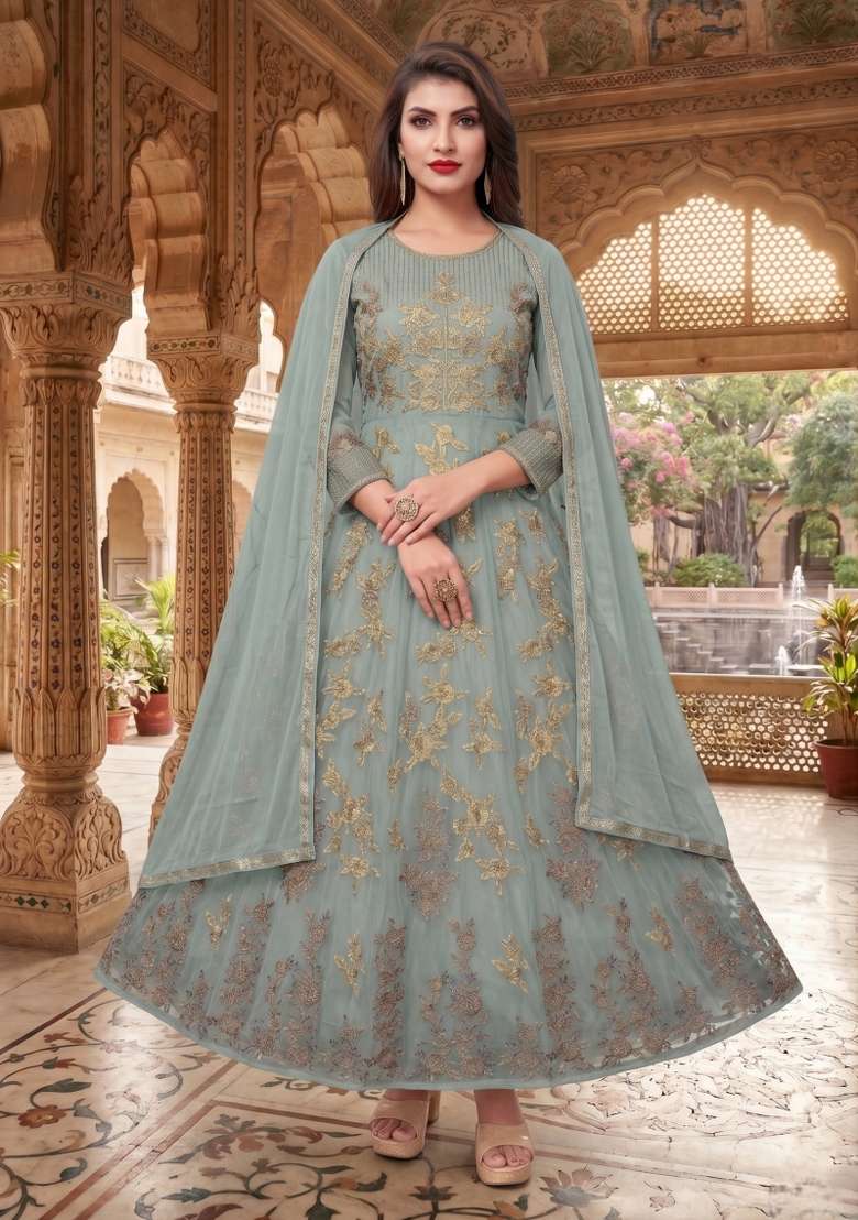 Grey Embroidery Net Sharara Set - Indya