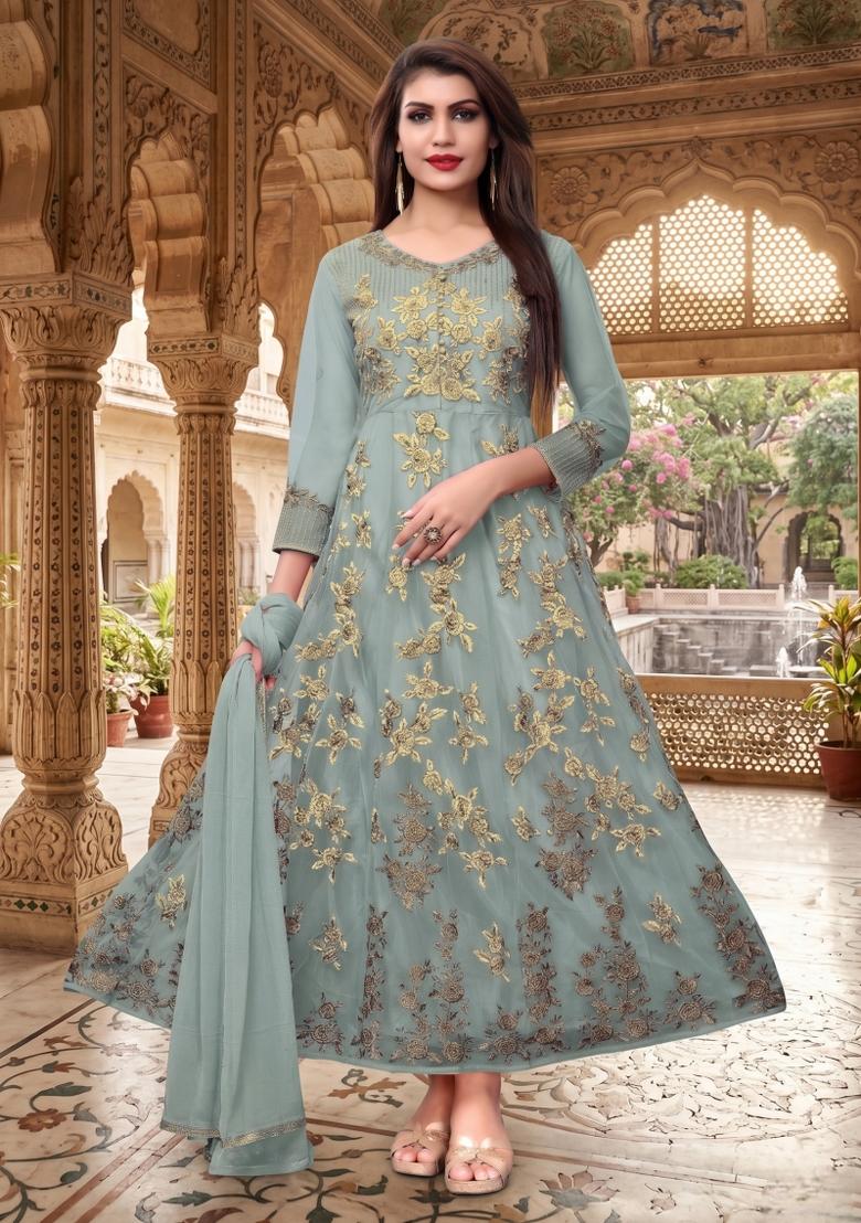 Grey Embroidery Net Sharara Set - Indya