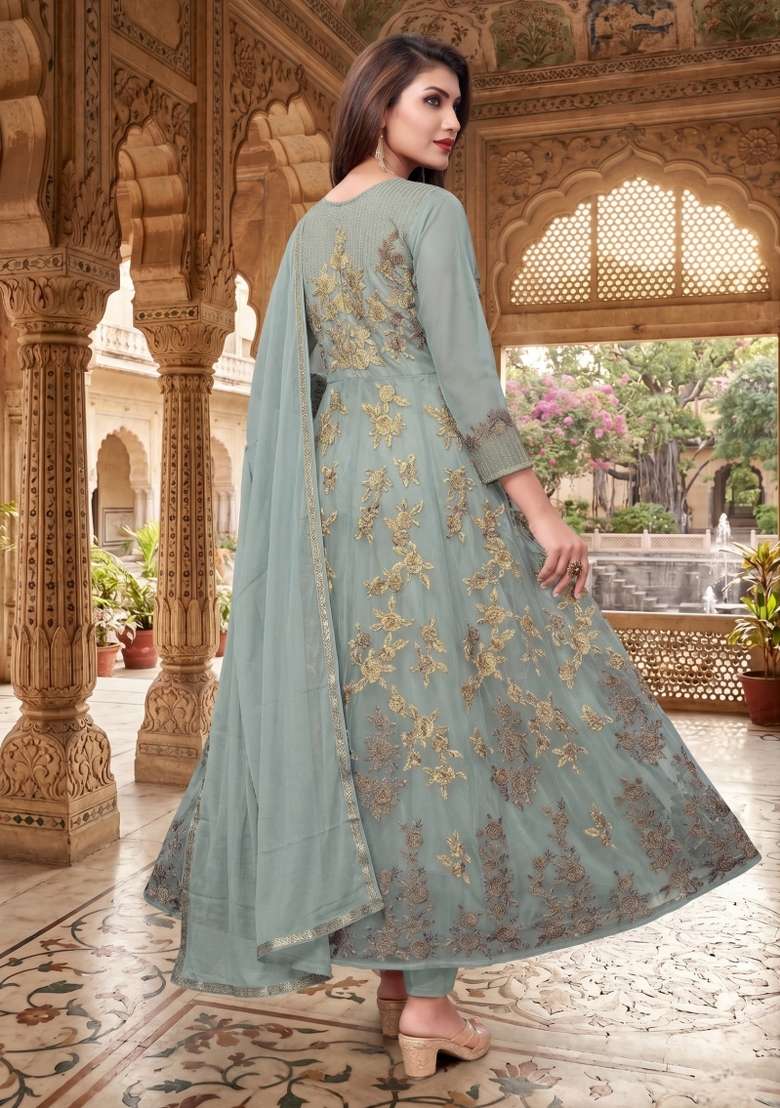 Grey Embroidery Net Sharara Set - Indya