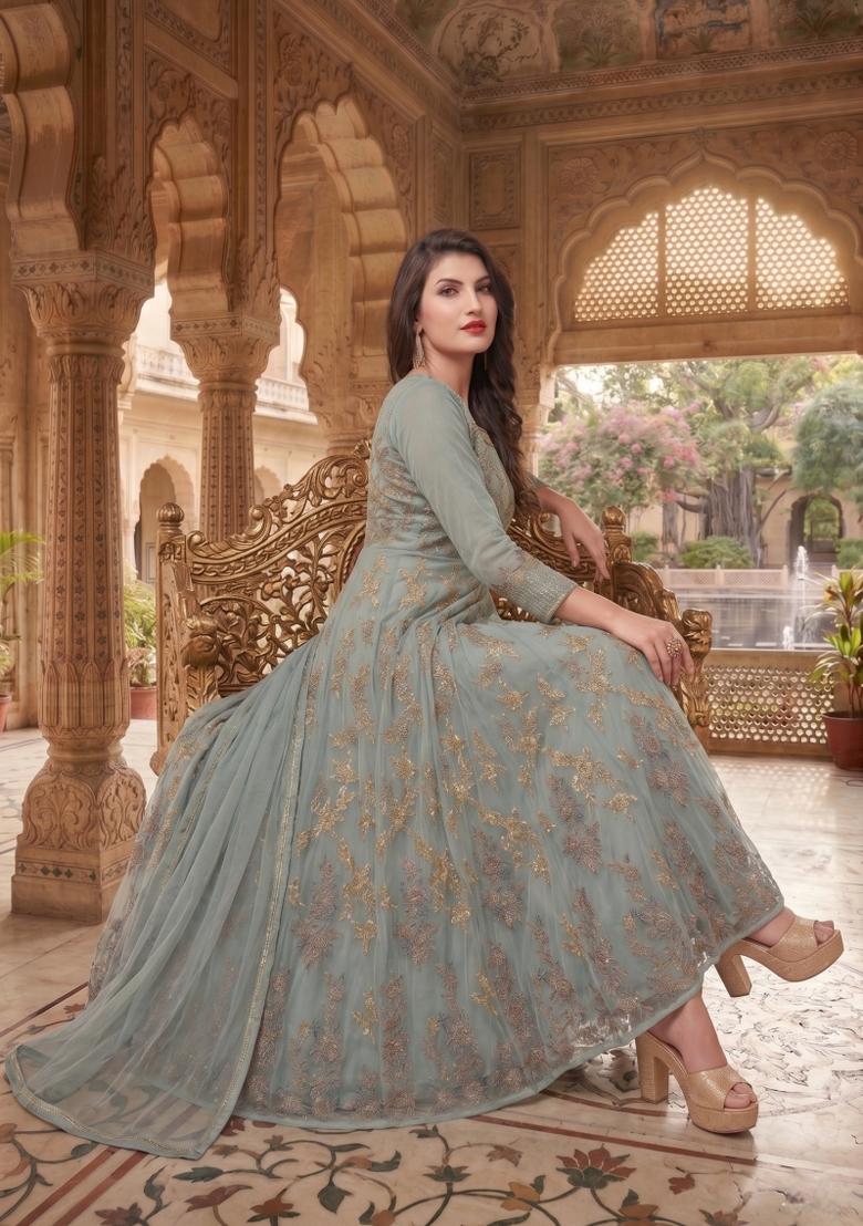 Grey Embroidery Net Sharara Set - Indya