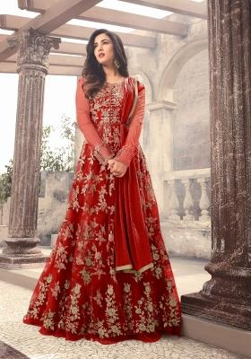Red Embroidery Net Sharara Set
