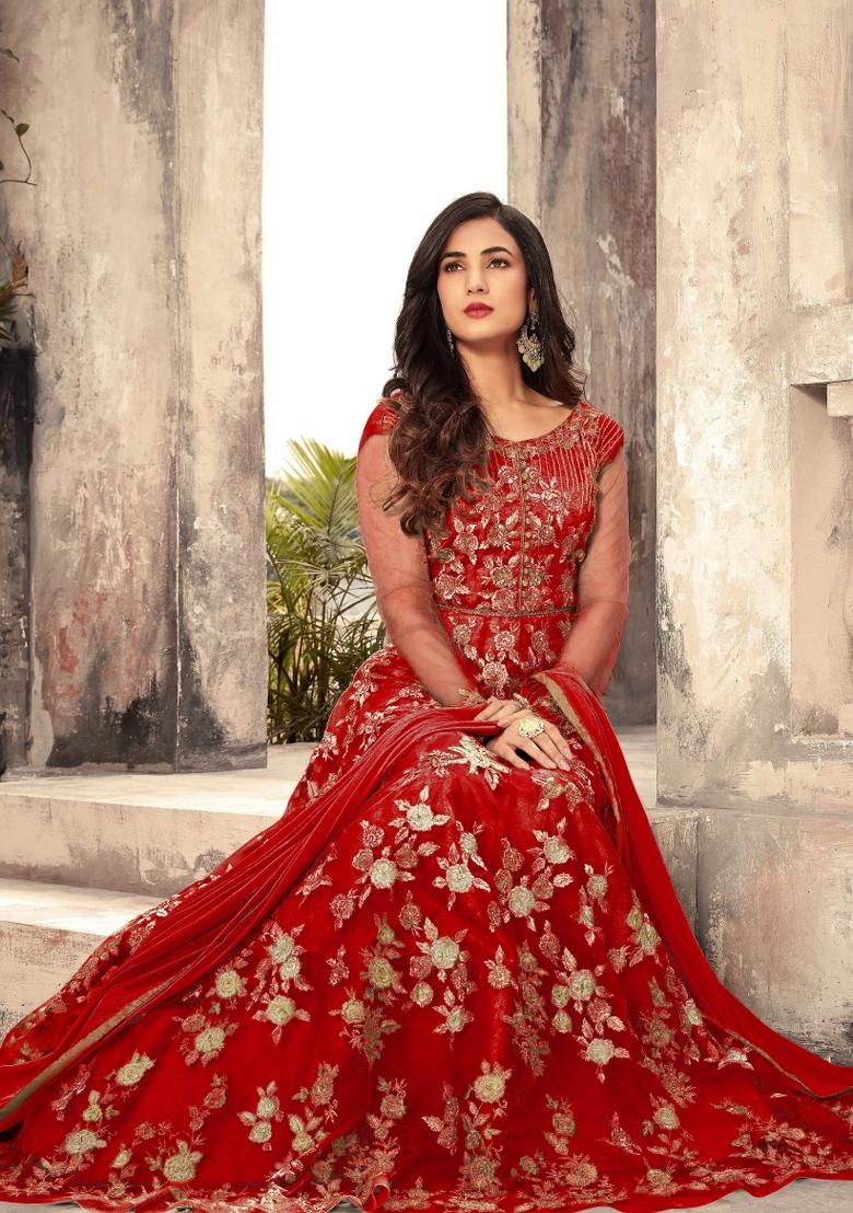 Red Embroidery Net Sharara Set - Indya