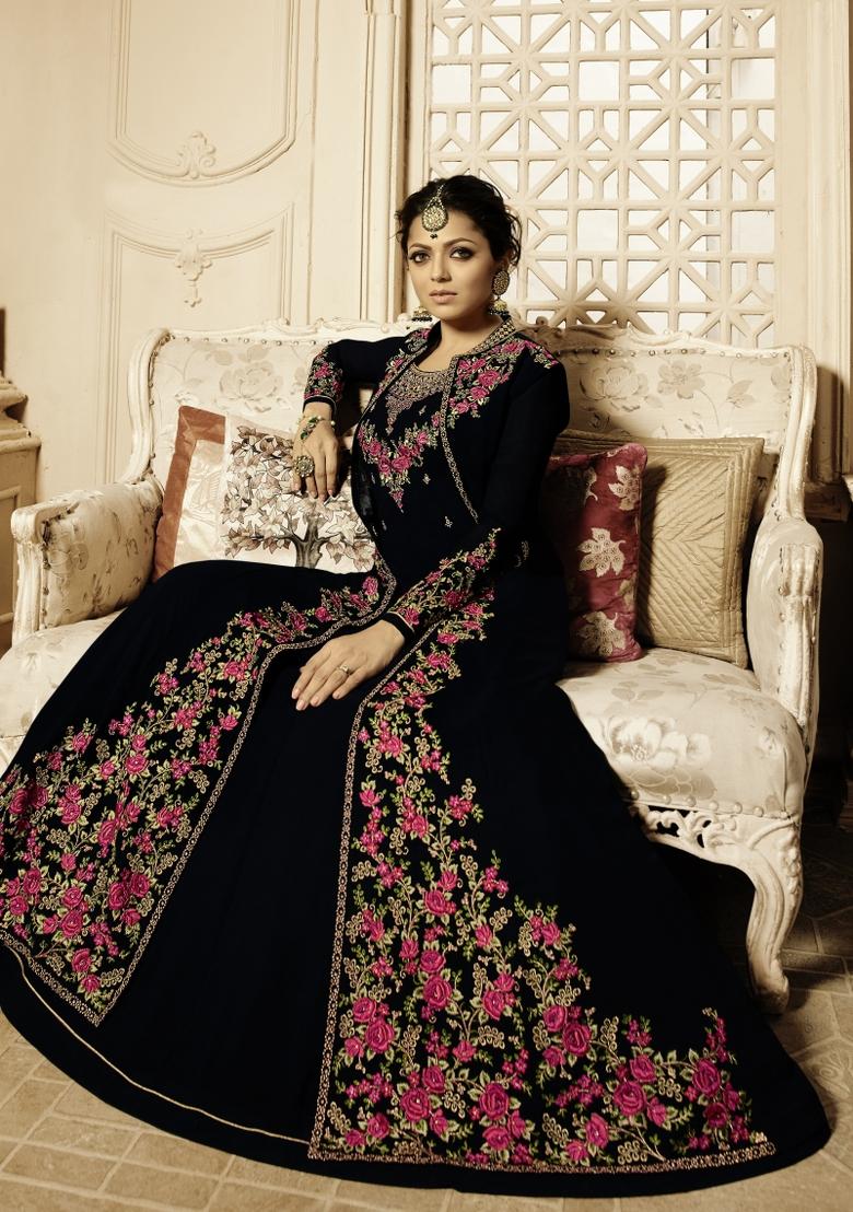 Black Embroidery Georgette Sharara Set - Indya