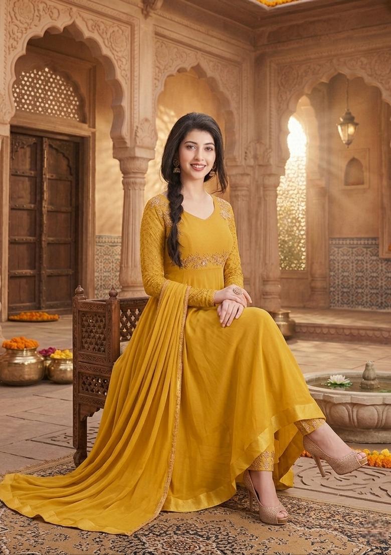 Yellow Embroidery Georgette Sharara Set - Indya