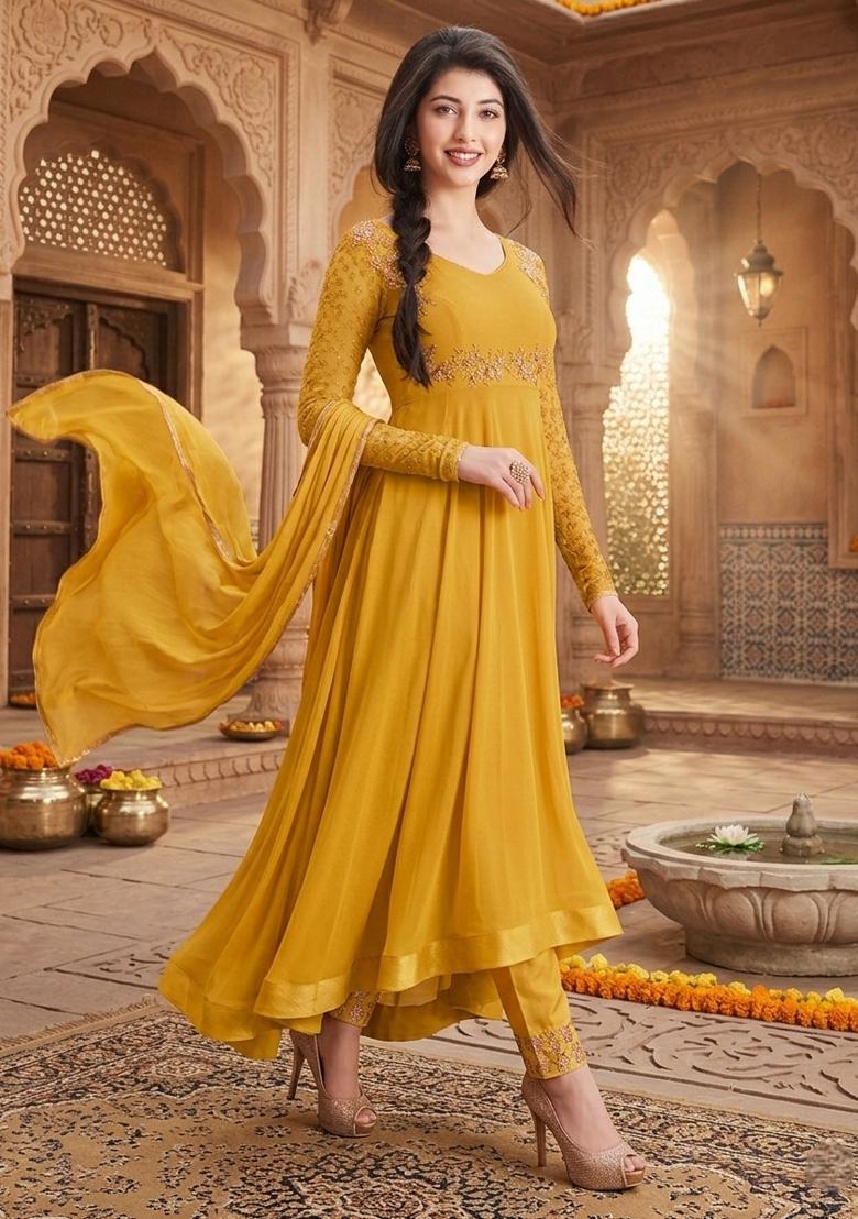 Yellow Embroidery Georgette Sharara Set - Indya