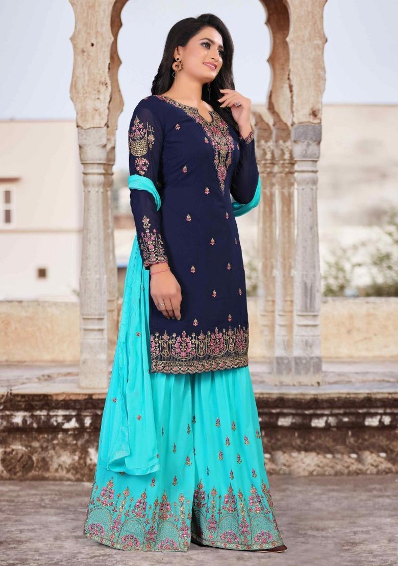 Blue Embroidery Georgette Sharara Set - Indya