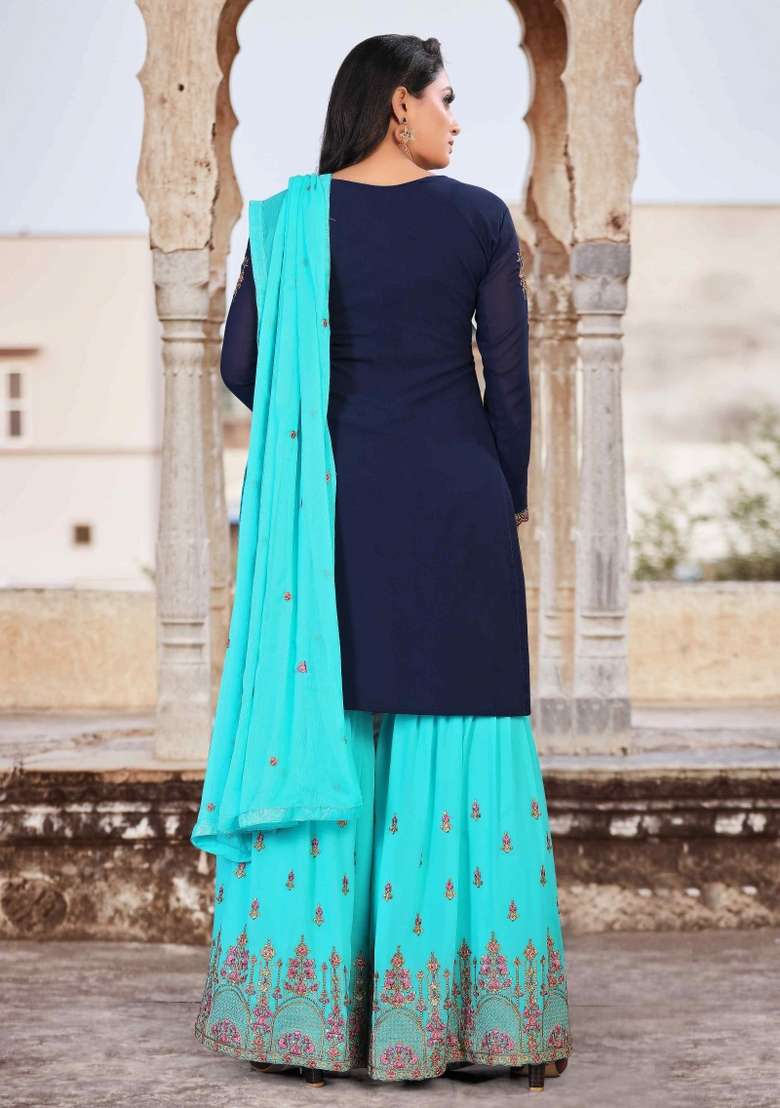 Blue Embroidery Georgette Sharara Set - Indya
