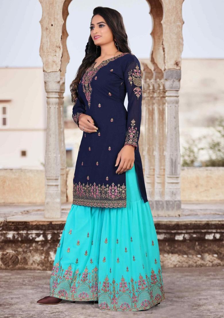 Blue Embroidery Georgette Sharara Set - Indya