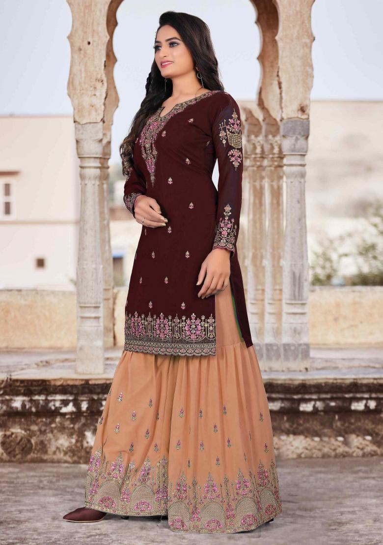 Brown Embroidery Georgette Sharara Set - Indya