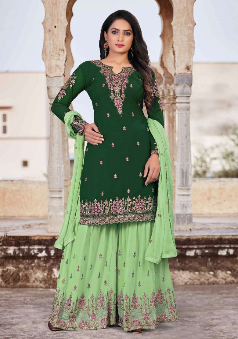 Green Embroidery Georgette Sharara Set - Indya