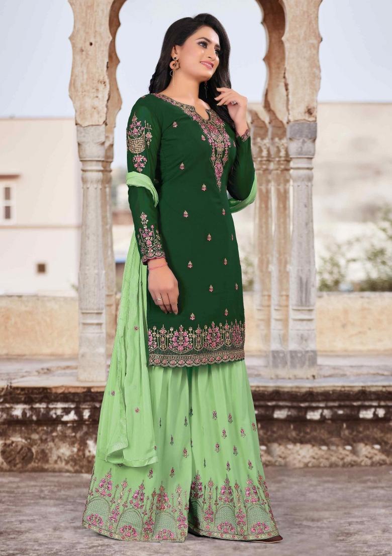 Green Embroidery Georgette Sharara Set - Indya