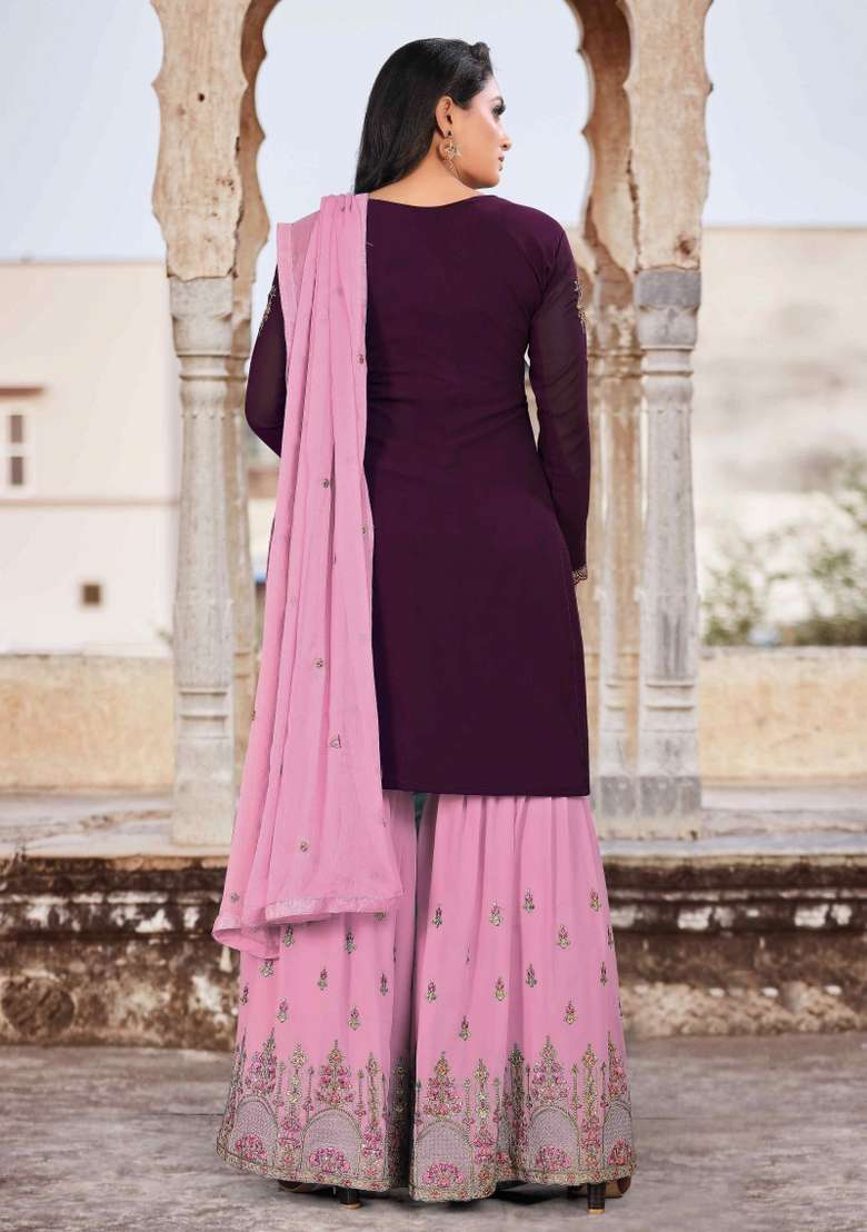 Purple Embroidery Georgette Sharara Set - Indya
