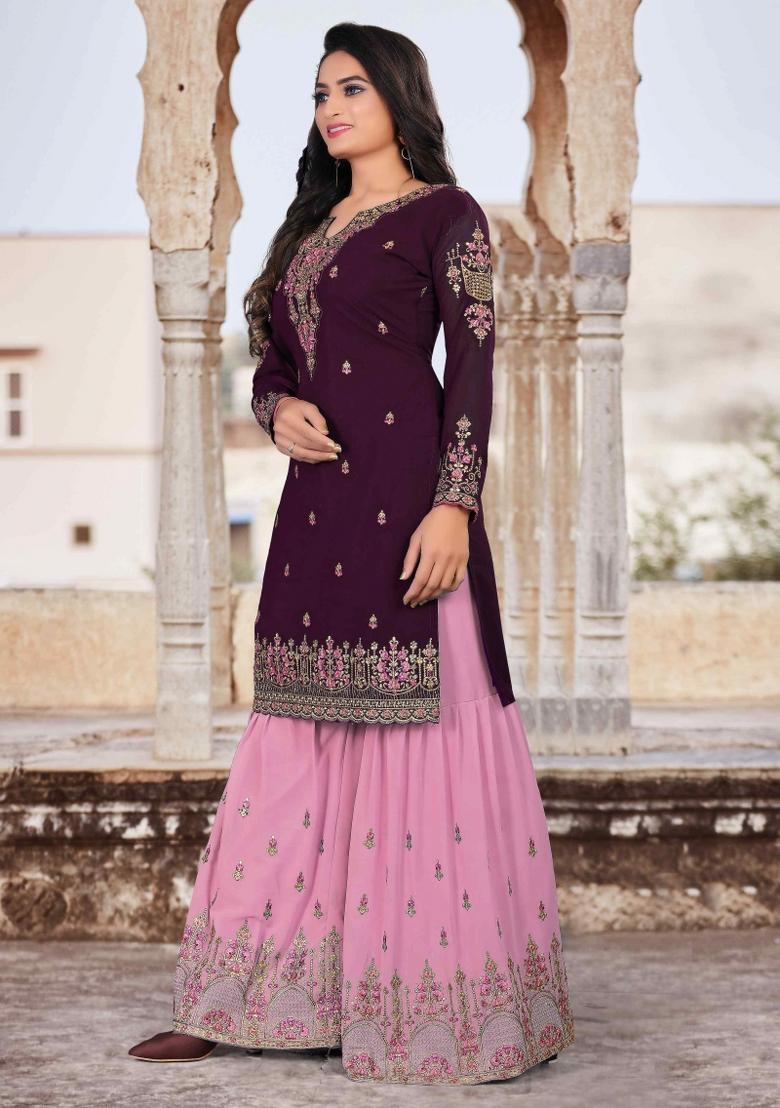 Purple Embroidery Georgette Sharara Set - Indya