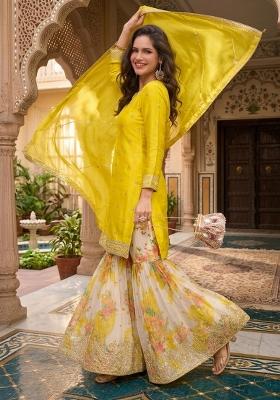 Yellow Embroidery Chinon Sharara Set