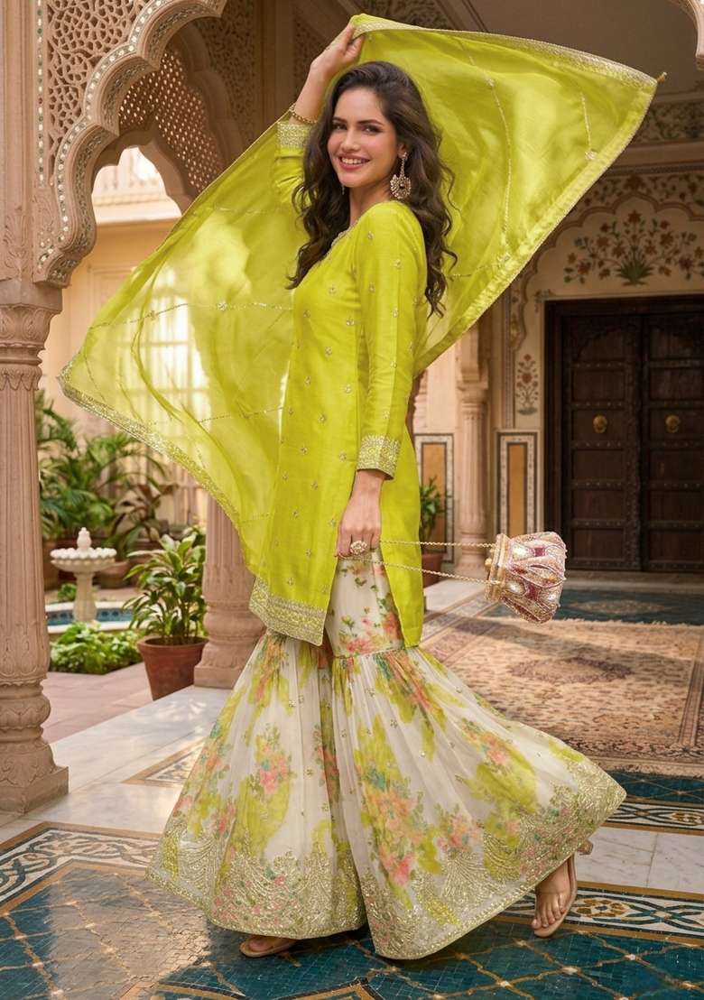 Yellow Embroidery Chinon Sharara Set - Indya