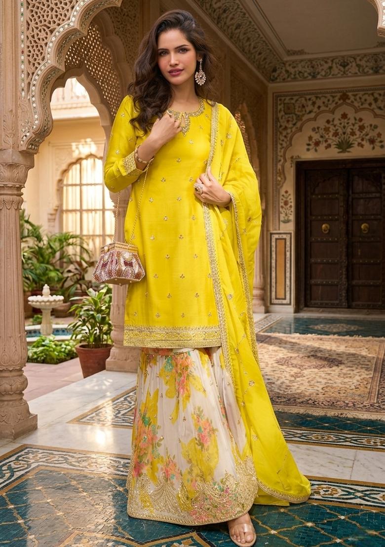 Yellow Embroidery Chinon Sharara Set - Indya