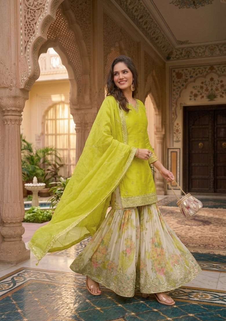 Yellow Embroidery Chinon Sharara Set - Indya