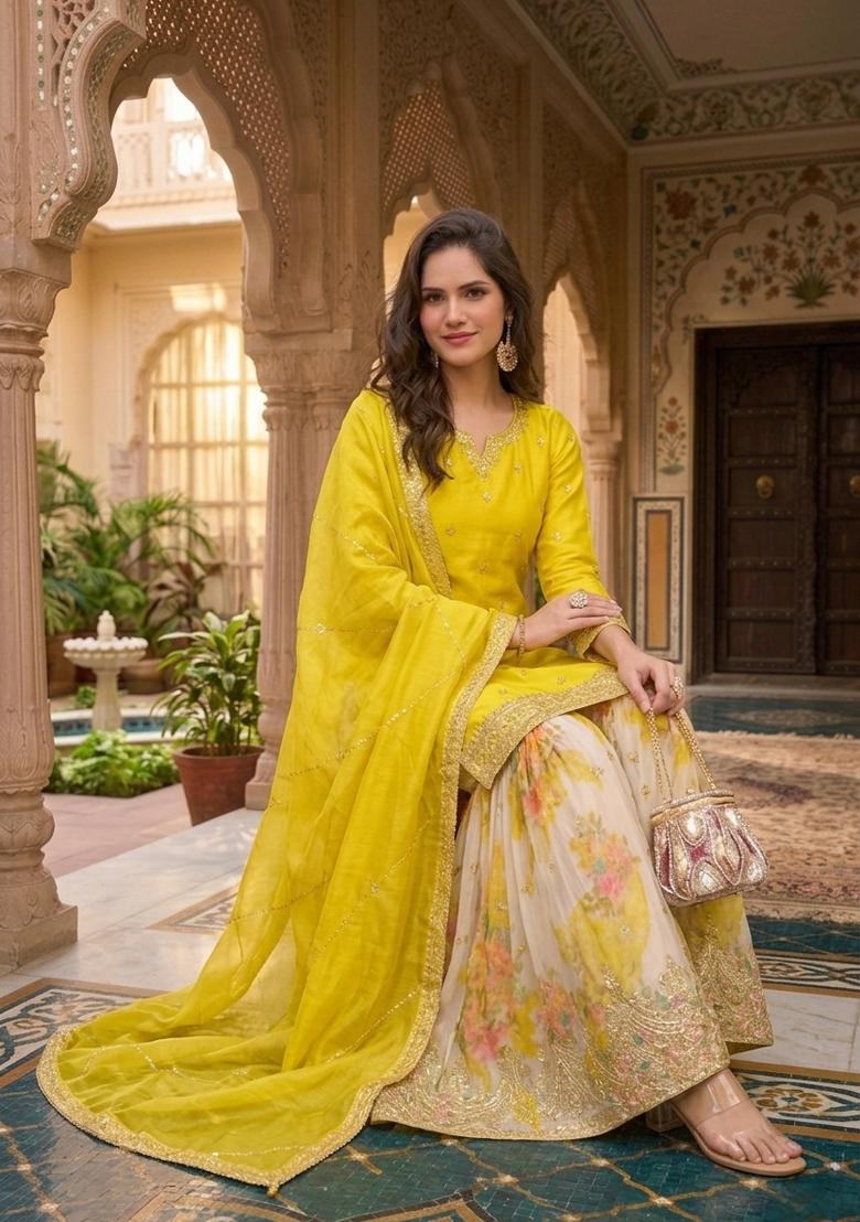 Yellow Embroidery Chinon Sharara Set - Indya