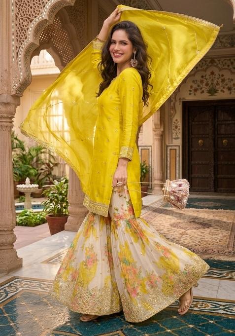 Yellow Embroidery Chinon Sharara Set