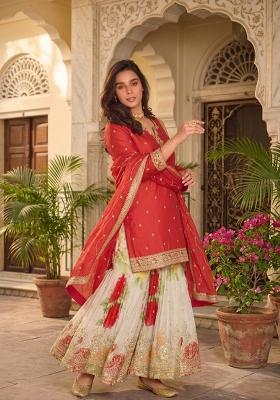 Red Embroidery Chinon Sharara Set