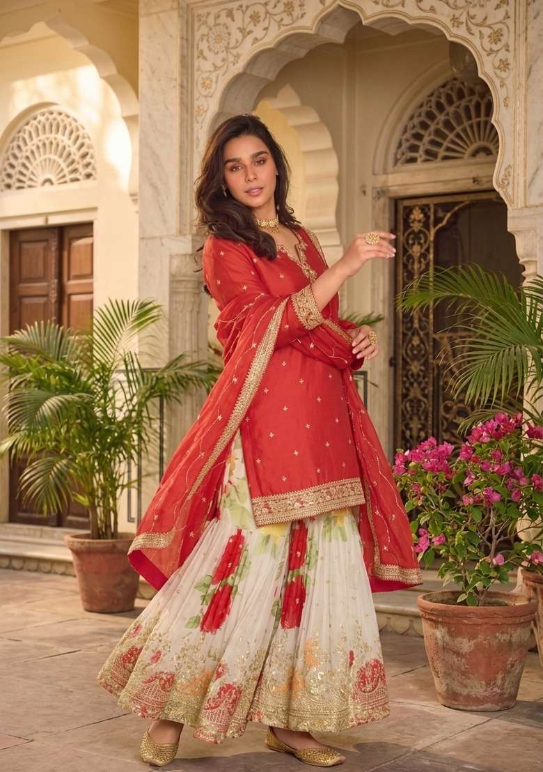 Red Embroidery Chinon Sharara Set - Indya