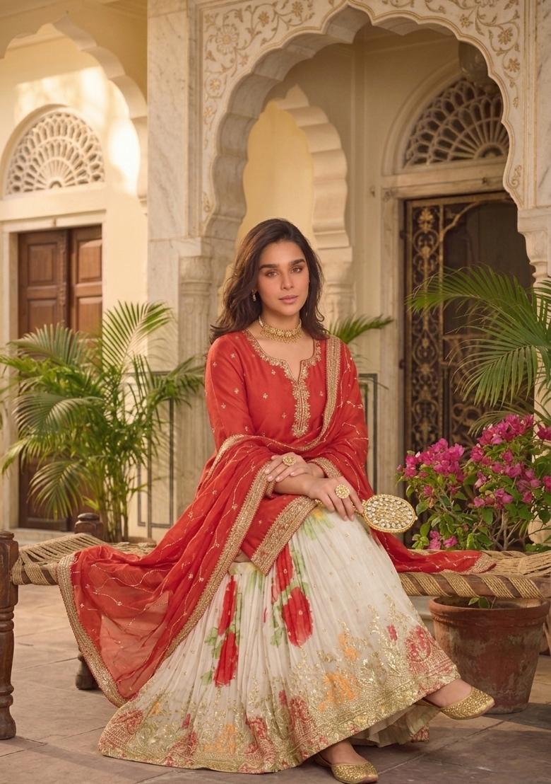 Red Embroidery Chinon Sharara Set - Indya