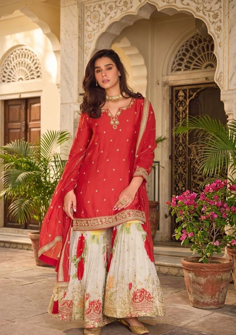 Red Embroidery Chinon Sharara Set - Indya