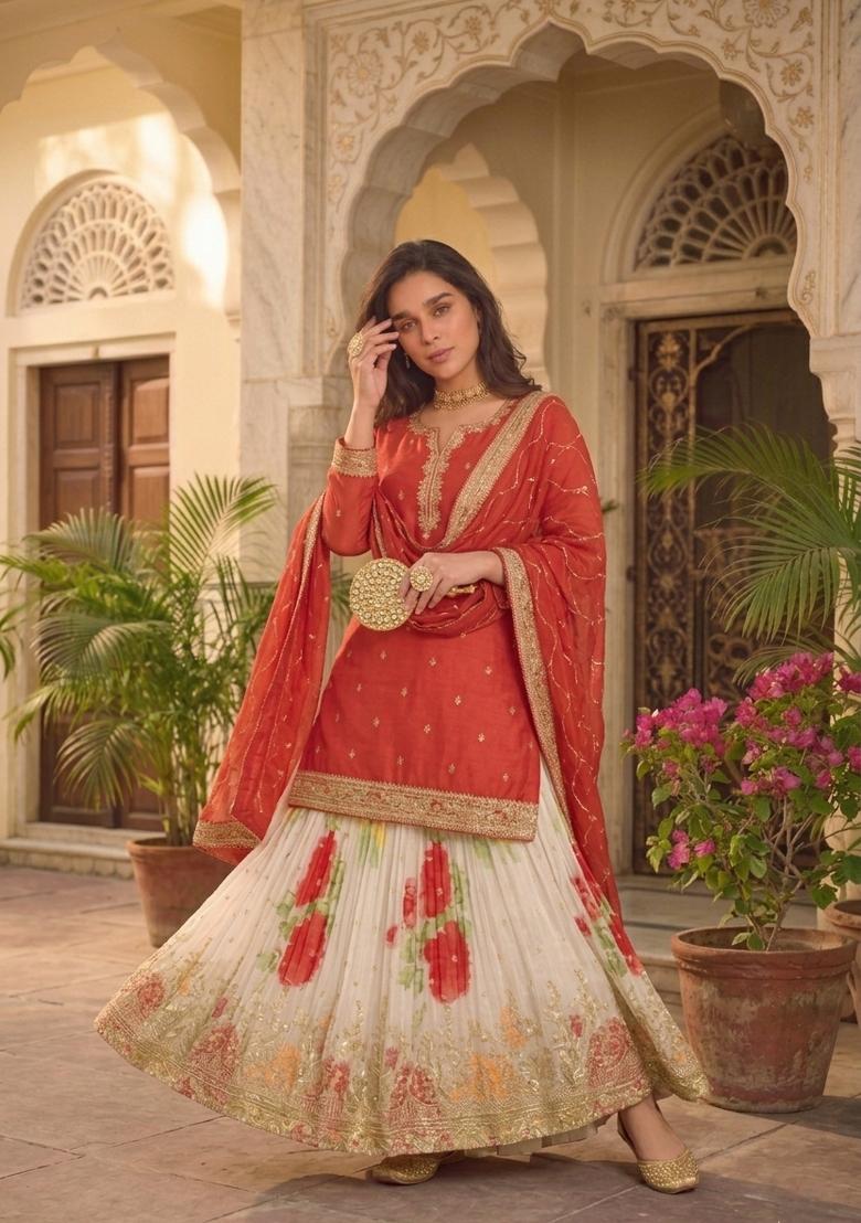 Red Embroidery Chinon Sharara Set - Indya