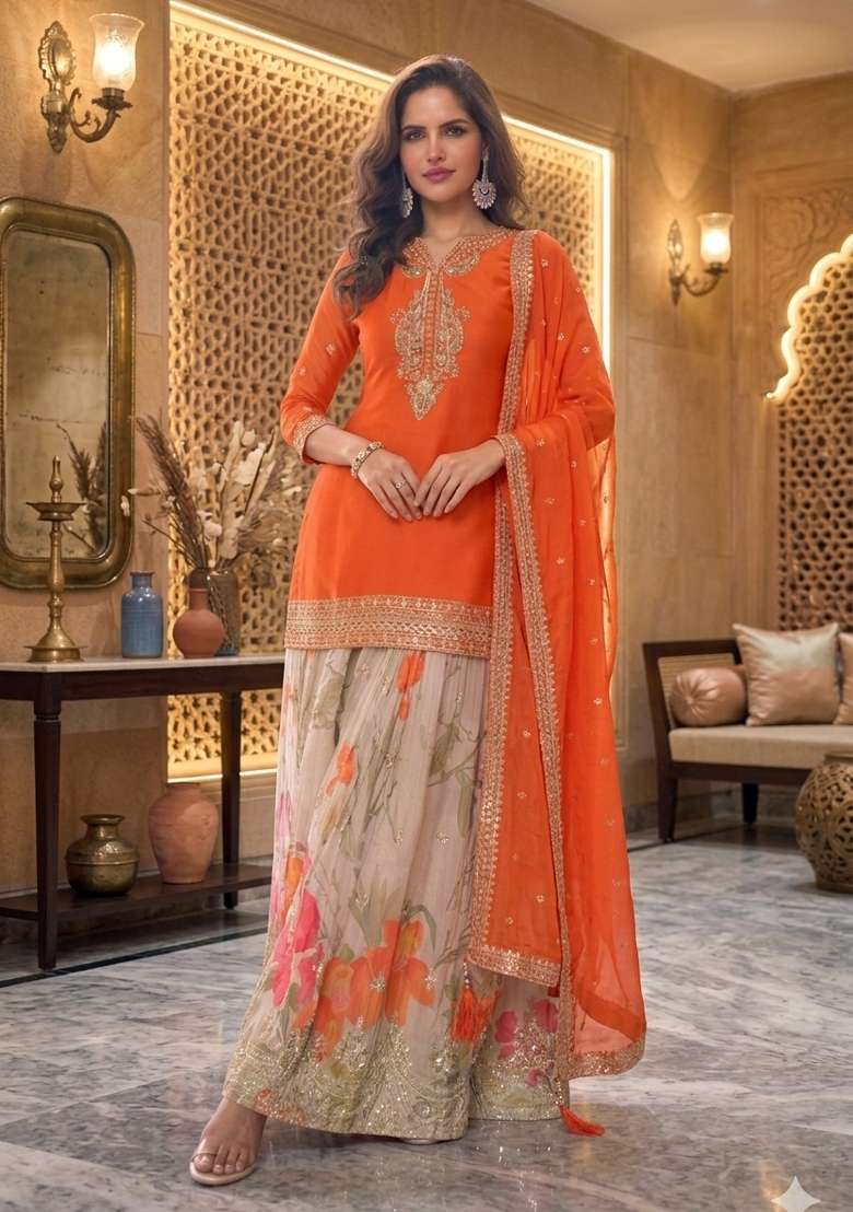 Orange Embroidery Chinon Sharara Set - Indya