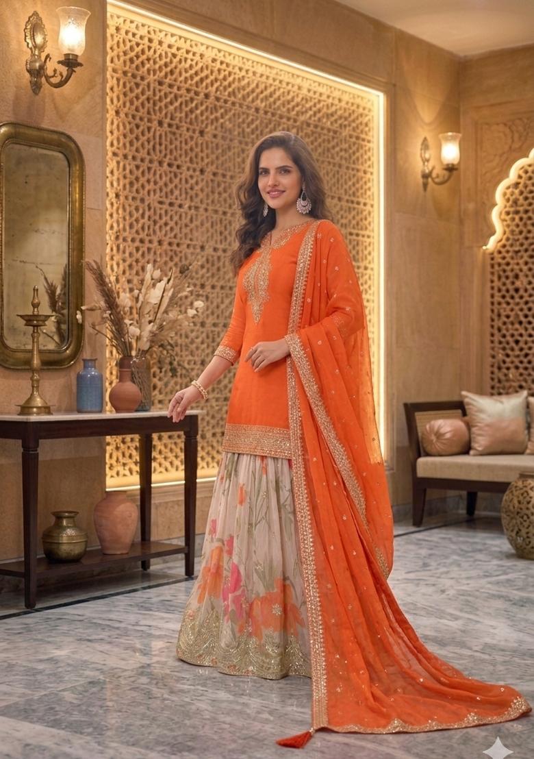 Orange Embroidery Chinon Sharara Set - Indya