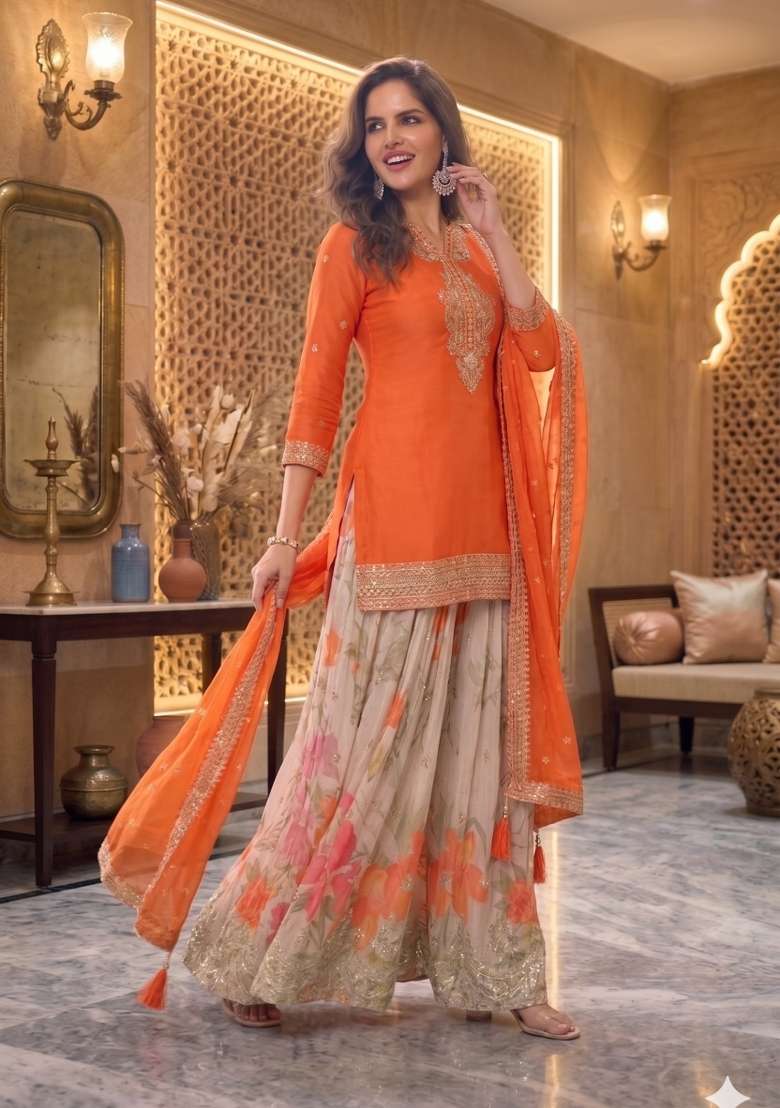 Orange Embroidery Chinon Sharara Set - Indya