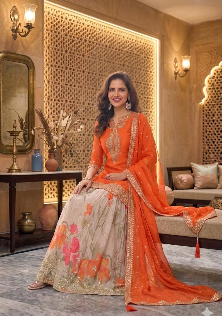 Orange Embroidery Chinon Sharara Set - Indya