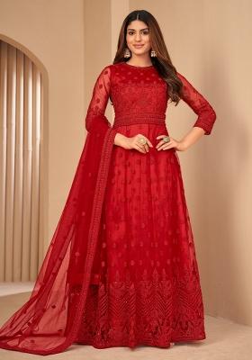 Red Embroidery Net Sharara Set