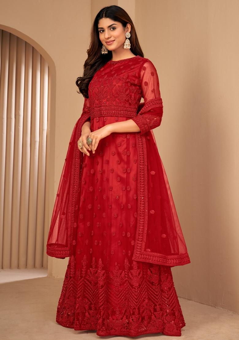 Red Embroidery Net Sharara Set - Indya
