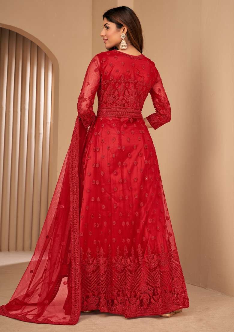 Red Embroidery Net Sharara Set - Indya