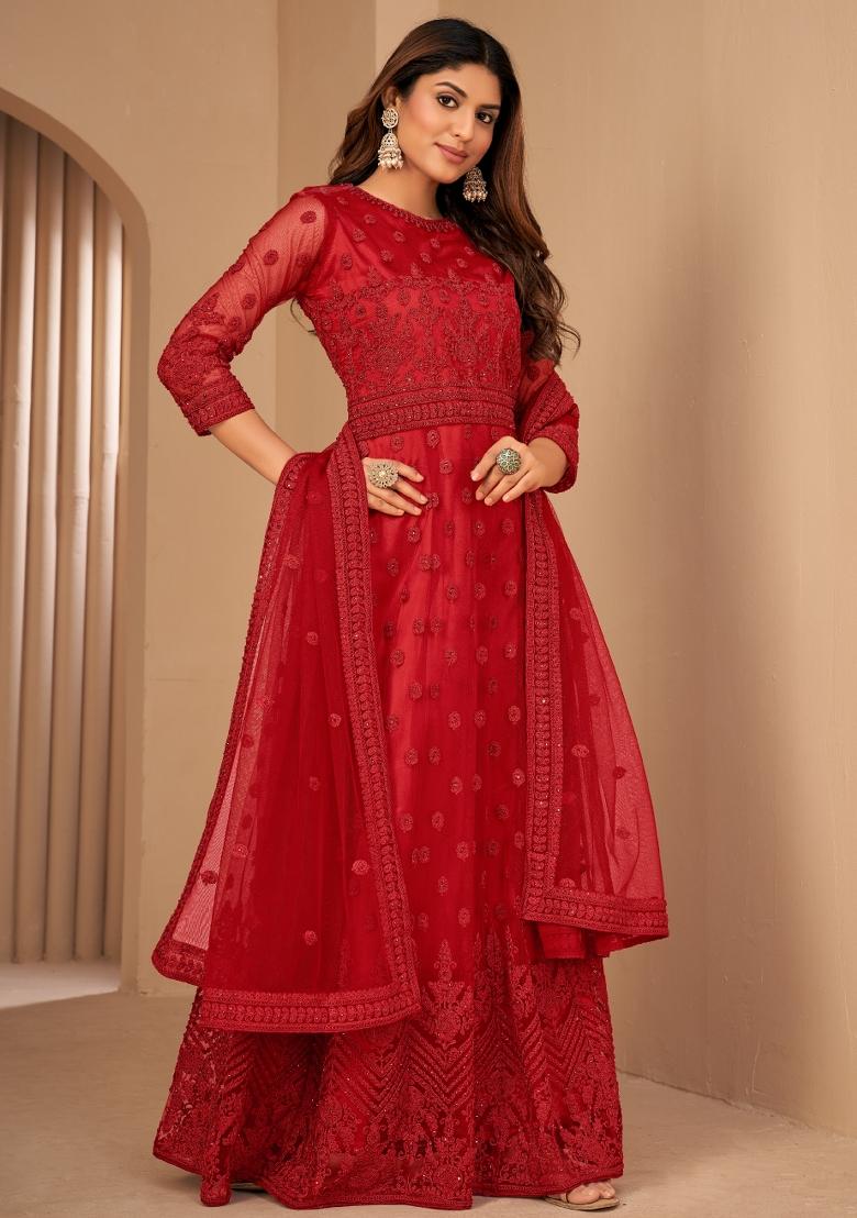 Red Embroidery Net Sharara Set - Indya