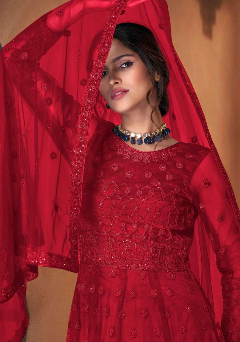 Red Embroidery Net Sharara Set - Indya